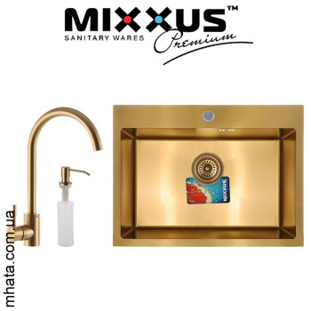 Кухонна мийка Mixxus SET 6045-200x1.0-PVD-GOLD (зі змішувачем, диспенсером у комплекті)