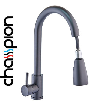 Смеситель для кухни с выдвижной лейкой чёрный гусак Champion NEO-014 Black, SUS304 из нержавеющей стали