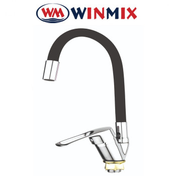 Змішувач для кухні Вухо Winmix FANY (nut) Reflector Black (Chr-011) без підводки, хромований, чорний силіконовий гусак, Польща